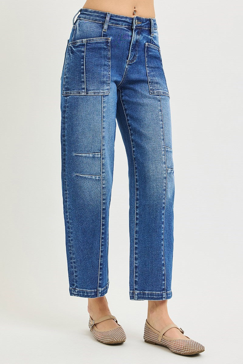 Rowdy Mid Rise Patch Pocket Ankle Barrel Jeans