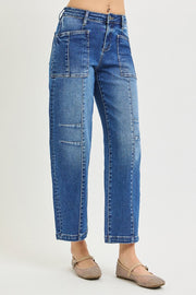 Rowdy Mid Rise Patch Pocket Ankle Barrel Jeans