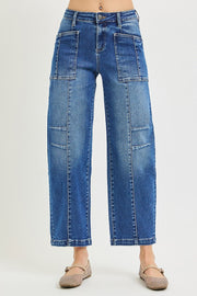Rowdy Mid Rise Patch Pocket Ankle Barrel Jeans