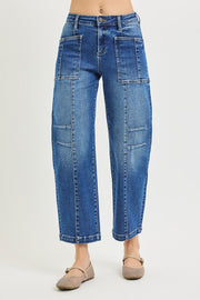 Rowdy Mid Rise Patch Pocket Ankle Barrel Jeans