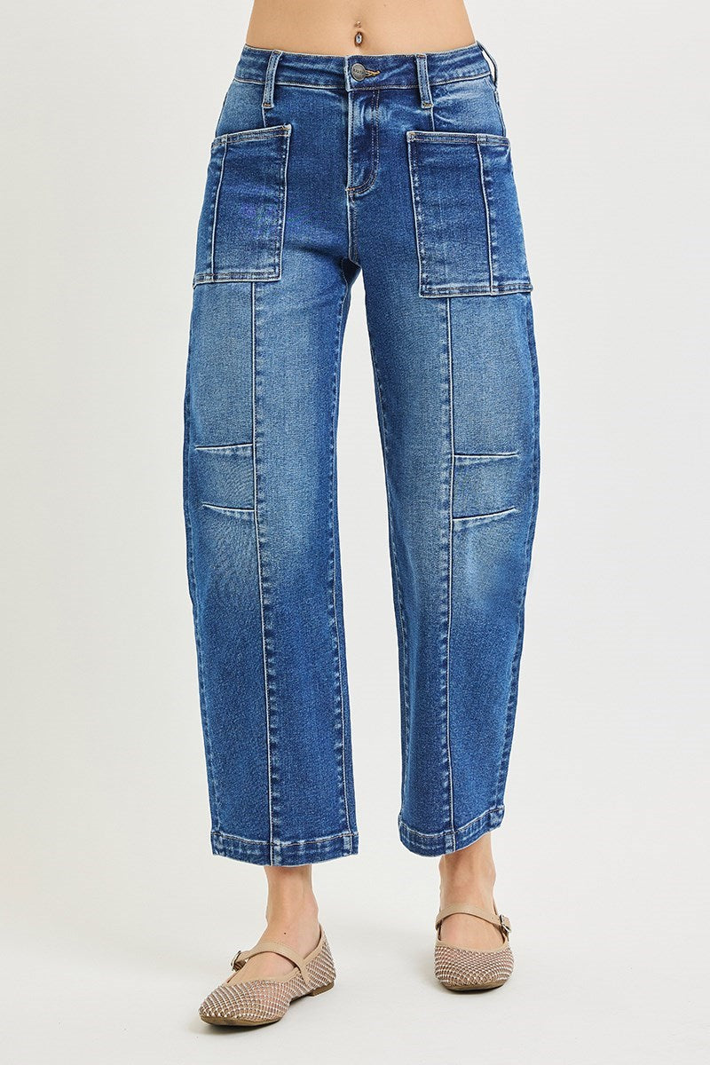 Rowdy Mid Rise Patch Pocket Ankle Barrel Jeans