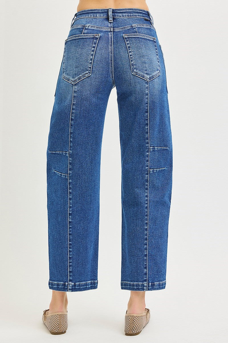 Rowdy Mid Rise Patch Pocket Ankle Barrel Jeans