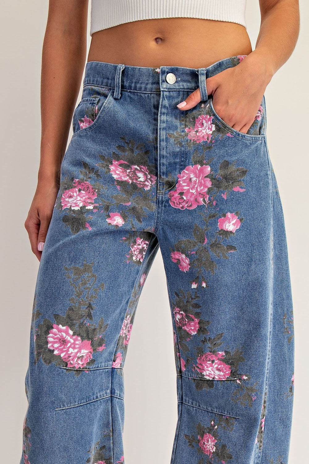 Vintage Denim Blossom Floral Printed Barrel Jeans