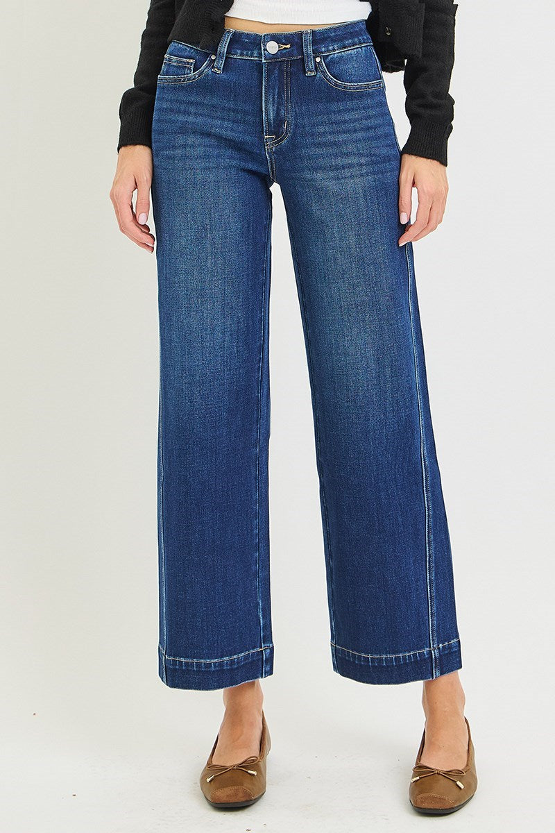 Blue Lagoon Mid Rise Ankle Crop Wide Leg Jeans
