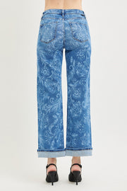 Posey Mid Rise Ankle Cuffed Slim Wide Floral Print Jeans