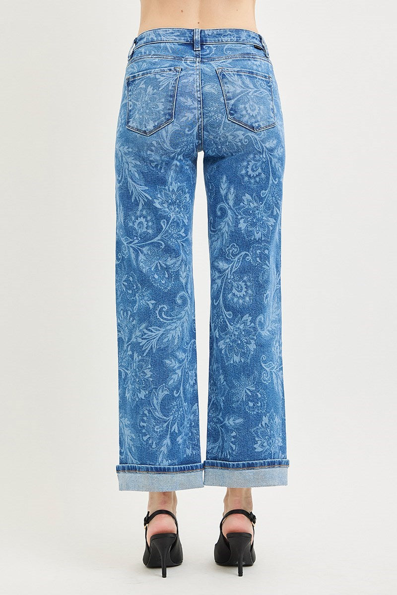 Posey Mid Rise Ankle Cuffed Slim Wide Floral Print Jeans