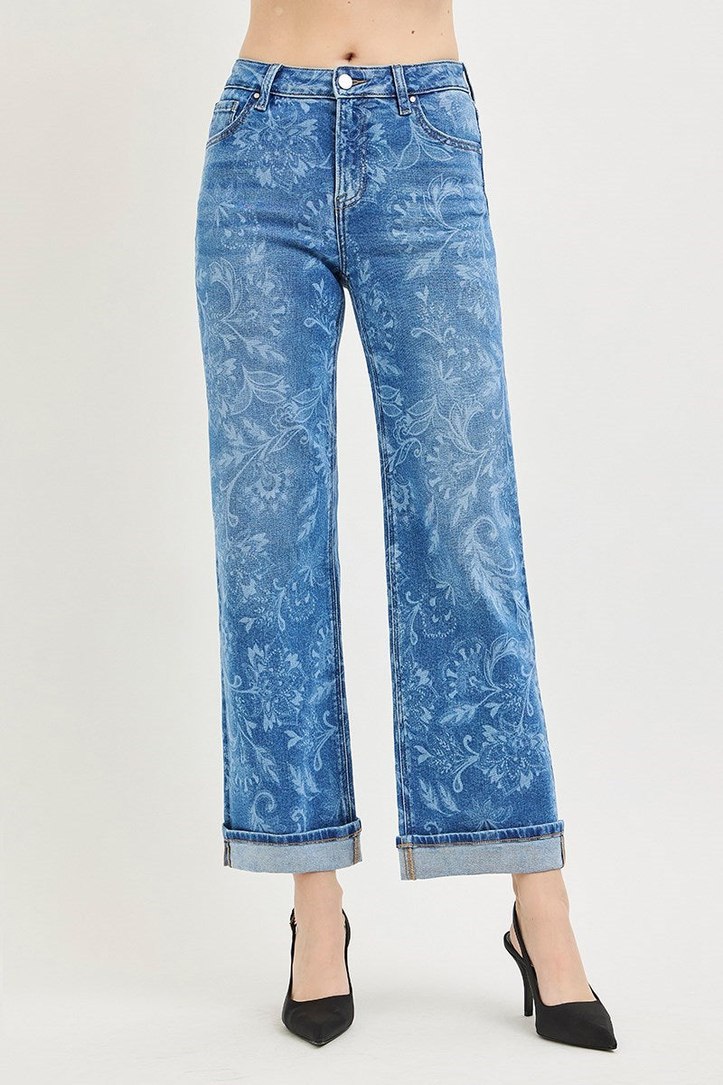 Posey Mid Rise Ankle Cuffed Slim Wide Floral Print Jeans
