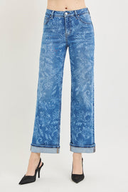 Posey Mid Rise Ankle Cuffed Slim Wide Floral Print Jeans