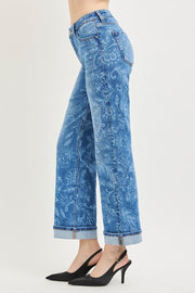Posey Mid Rise Ankle Cuffed Slim Wide Floral Print Jeans