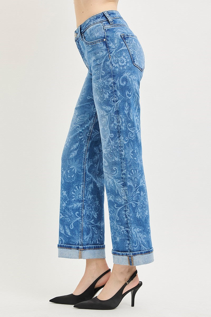 Posey Mid Rise Ankle Cuffed Slim Wide Floral Print Jeans