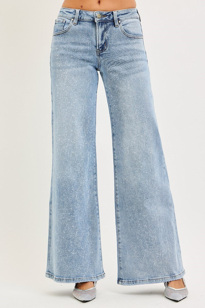 Glitzy Low Rise Silver Lurex Wide Leg Jeans