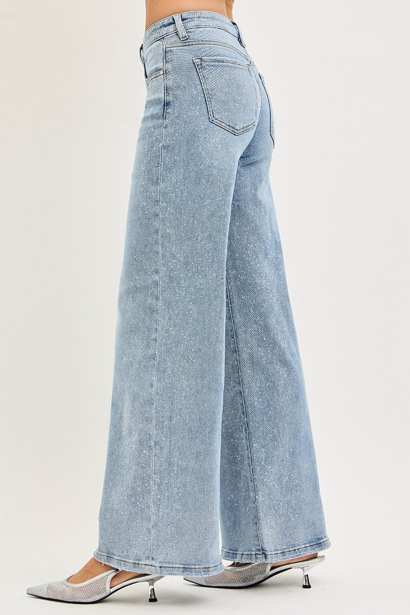Glitzy Low Rise Silver Lurex Wide Leg Jeans
