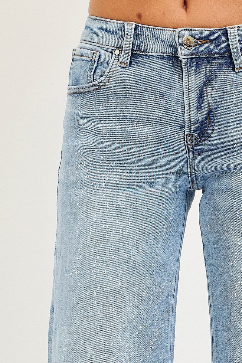 Glitzy Low Rise Silver Lurex Wide Leg Jeans