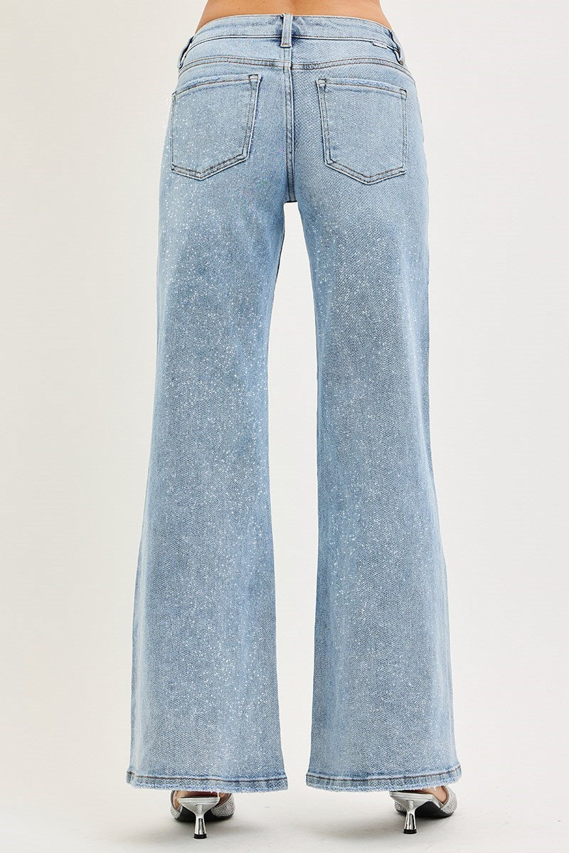Glitzy Low Rise Silver Lurex Wide Leg Jeans
