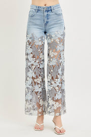 Venetian High Rise Wide Leg Embroidered Lace Jeans