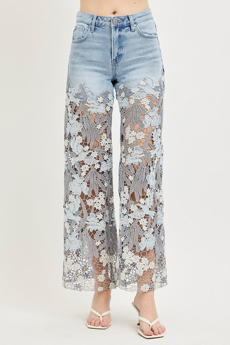 Venetian High Rise Wide Leg Embroidered Lace Jeans