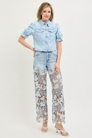 Venetian High Rise Wide Leg Embroidered Lace Jeans