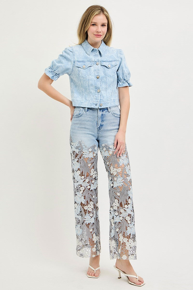 Venetian High Rise Wide Leg Embroidered Lace Jeans