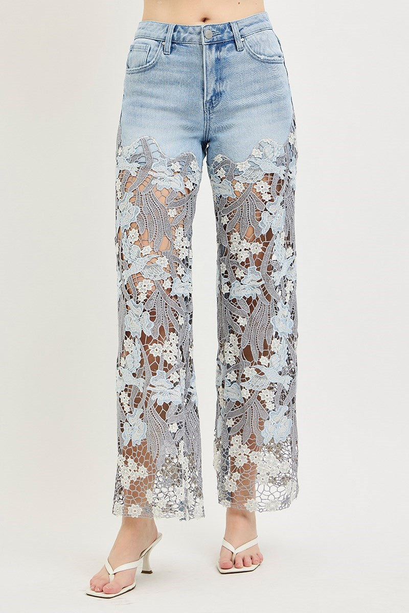 Venetian High Rise Wide Leg Embroidered Lace Jeans