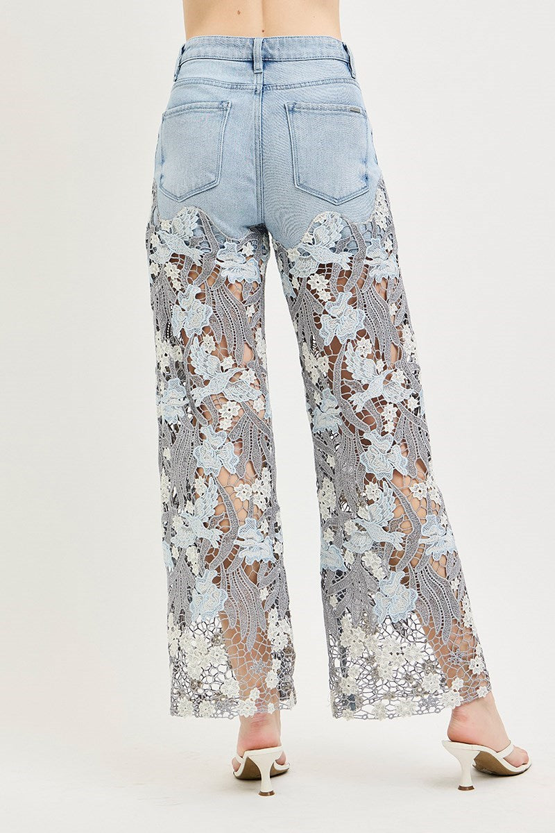 Venetian High Rise Wide Leg Embroidered Lace Jeans