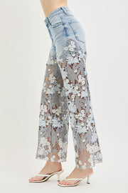 Venetian High Rise Wide Leg Embroidered Lace Jeans