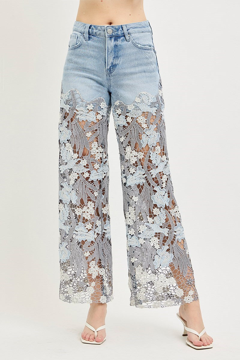 Venetian High Rise Wide Leg Embroidered Lace Jeans