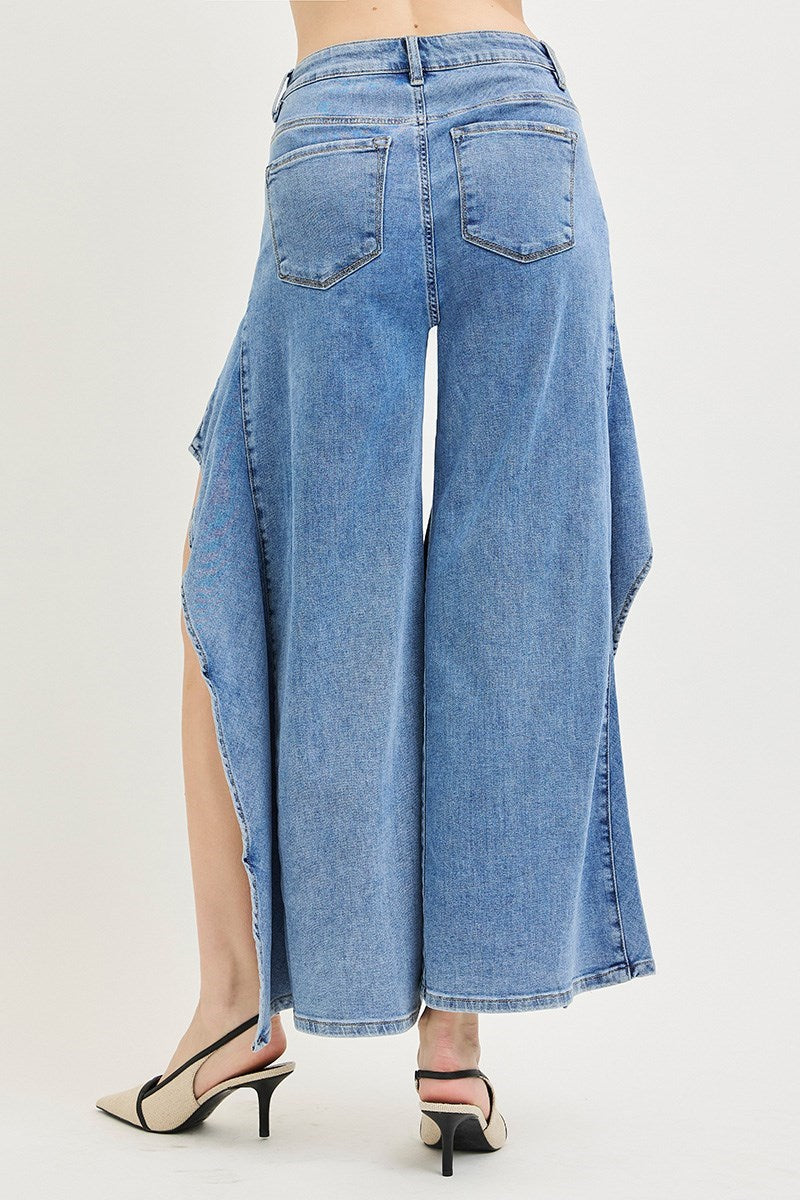 Call Me Crazy Ruffled Wide Open Leg Jeans