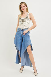Call Me Crazy Ruffled Wide Open Leg Jeans
