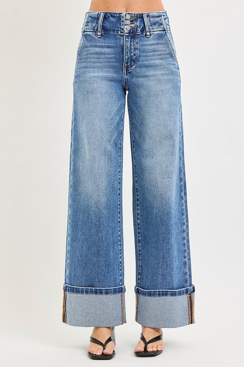 Triple Threat High Rise Wide Leg Cuffed Hem Jeans