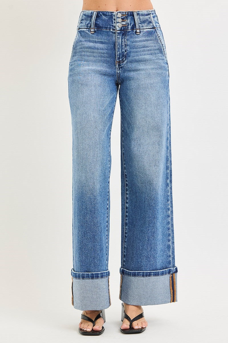 Triple Threat High Rise Wide Leg Cuffed Hem Jeans