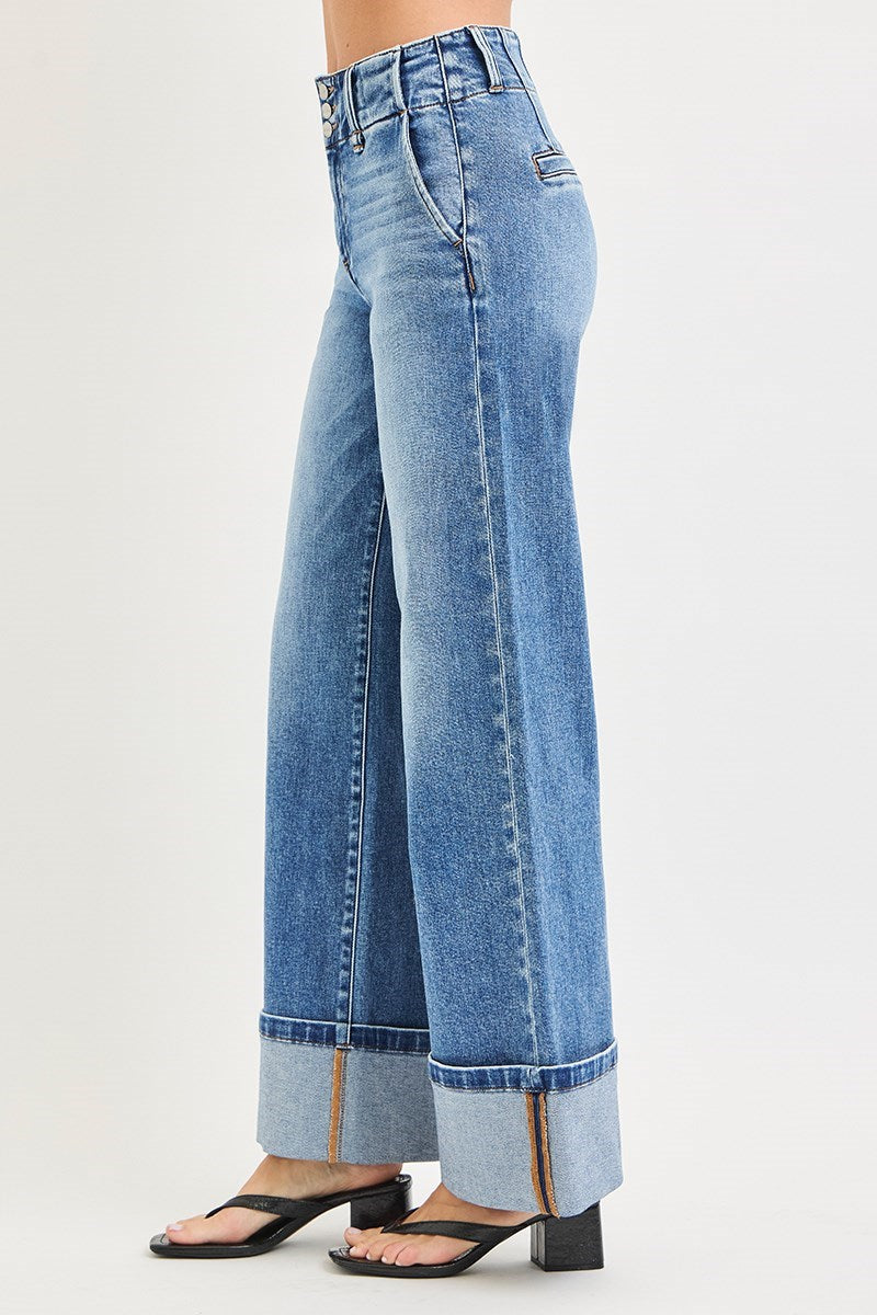 Triple Threat High Rise Wide Leg Cuffed Hem Jeans