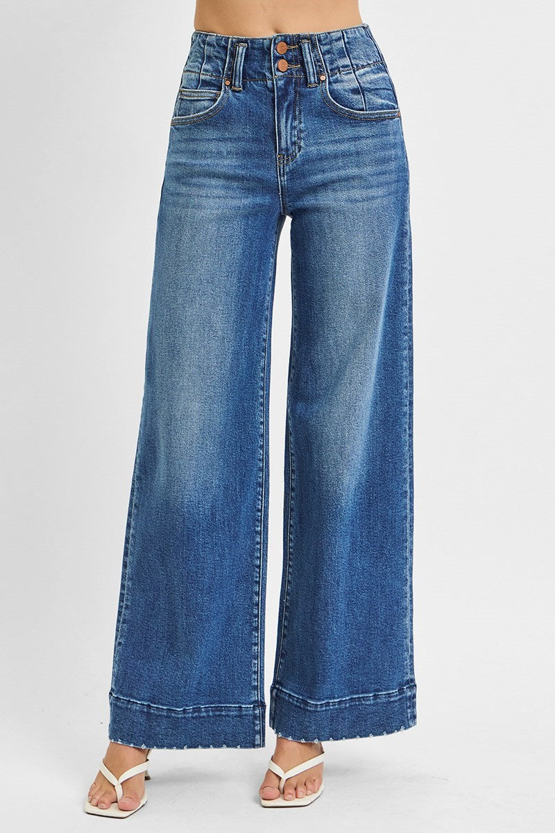 Heartbreak Hotel High Rise Wide Leg Double Button Detail Trouser Hem Jeans