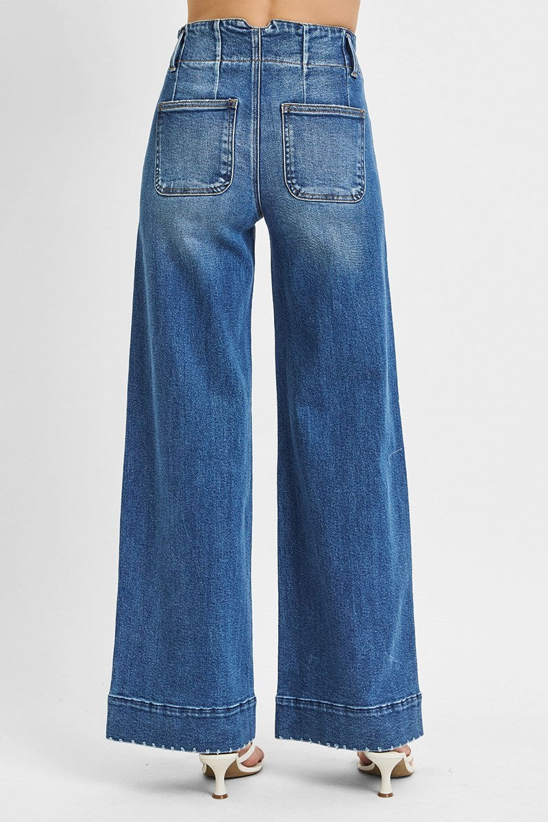 Heartbreak Hotel High Rise Wide Leg Double Button Detail Trouser Hem Jeans