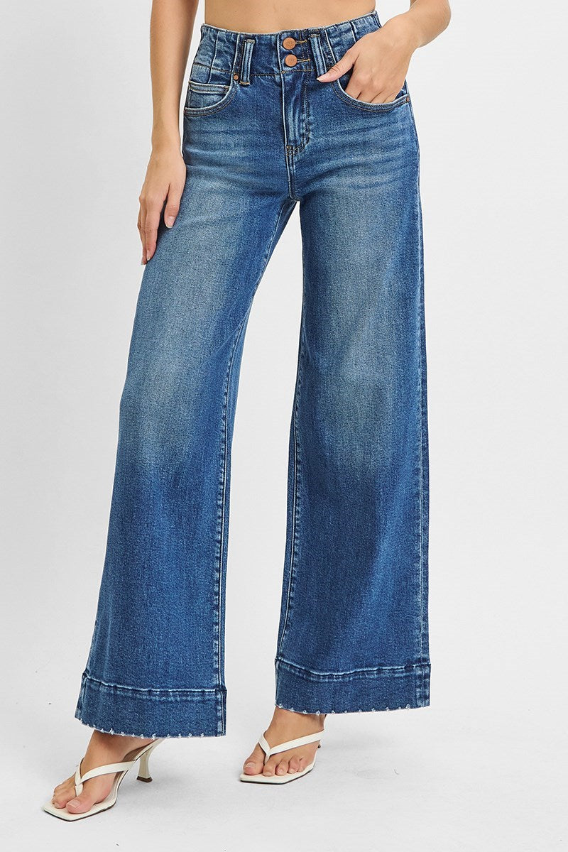 Heartbreak Hotel High Rise Wide Leg Double Button Detail Trouser Hem Jeans
