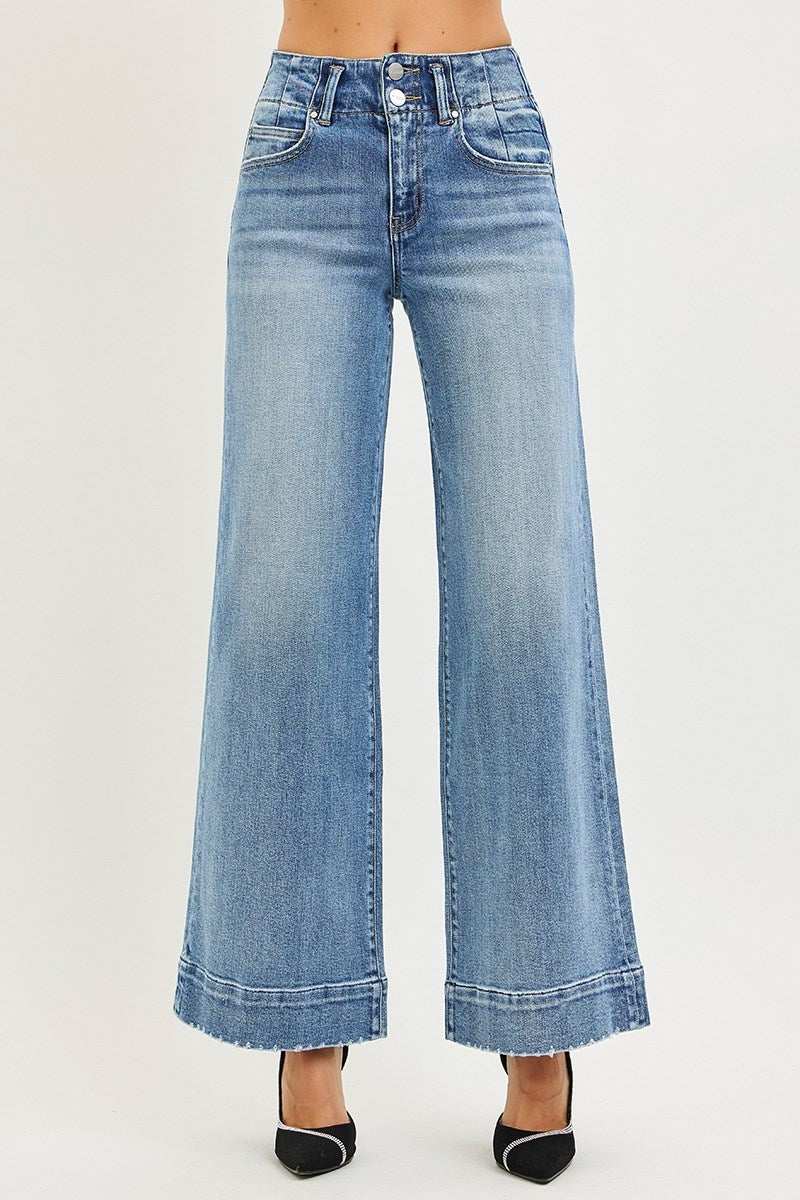 Heartbreak Hotel High Rise Wide Leg Double Button Detail Trouser Hem Jeans