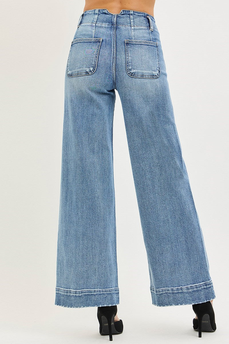 Heartbreak Hotel High Rise Wide Leg Double Button Detail Trouser Hem Jeans