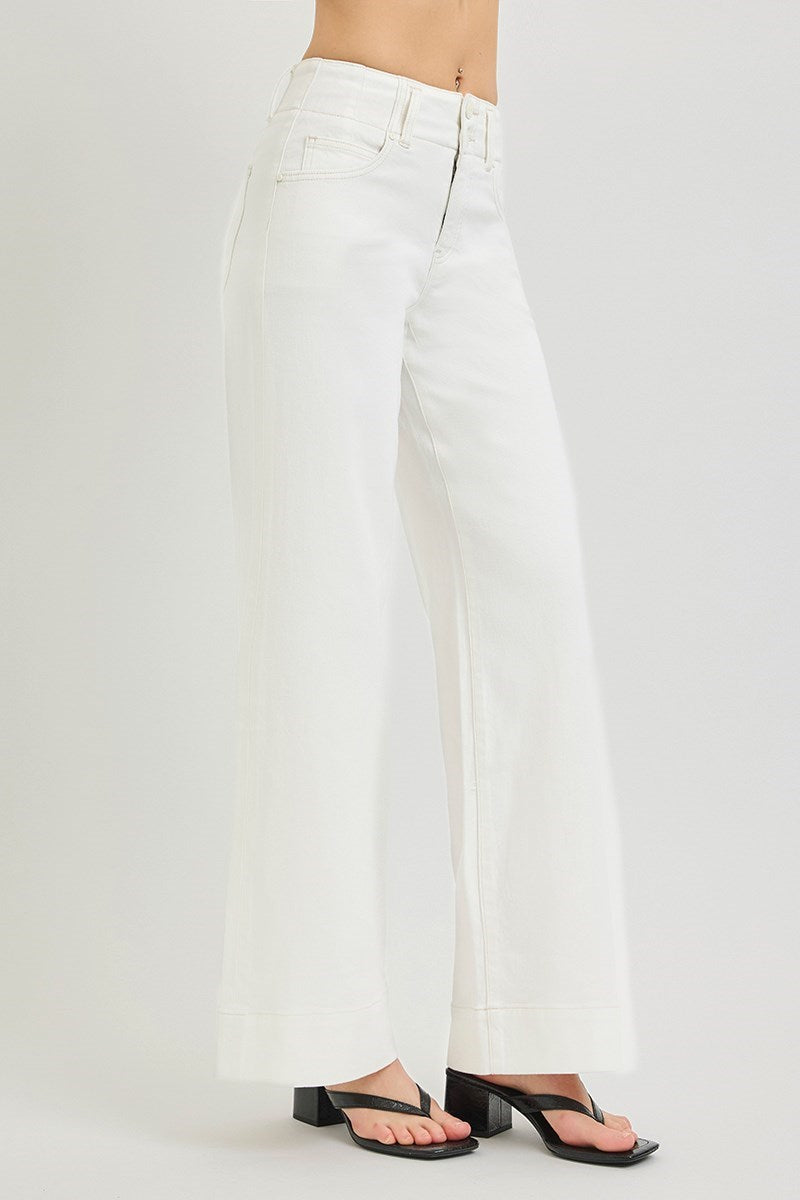 Don't Be Cruel High Rise Wide Leg Cream Double Button Detail Trouser Hem Jeans