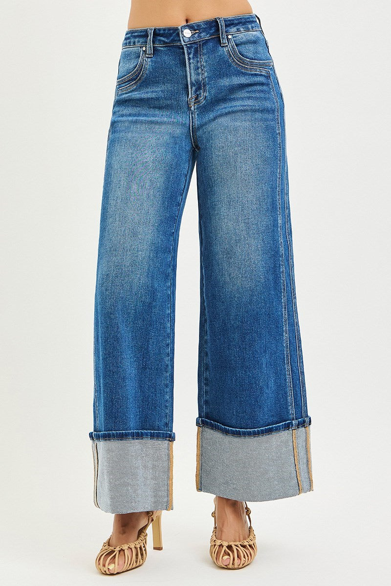 Stampede Mid Rise Wide Leg Cuffed Ankle Crop Denim Jeans