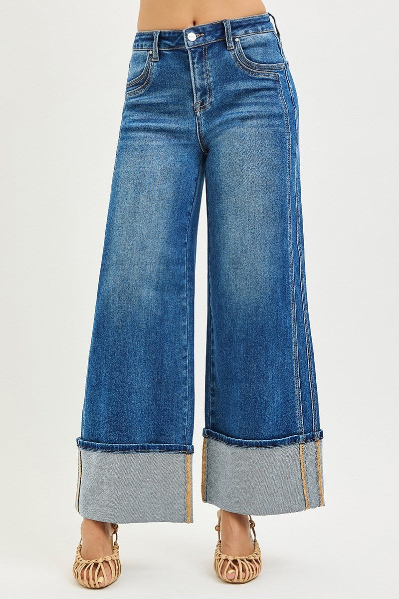 Stampede Mid Rise Wide Leg Cuffed Ankle Crop Denim Jeans