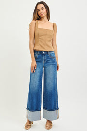 Stampede Mid Rise Wide Leg Cuffed Ankle Crop Denim Jeans