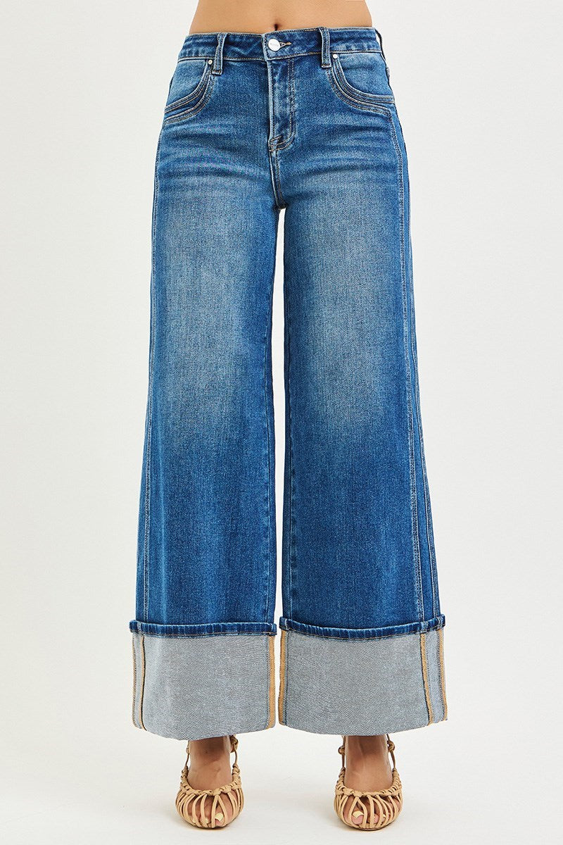 Stampede Mid Rise Wide Leg Cuffed Ankle Crop Denim Jeans