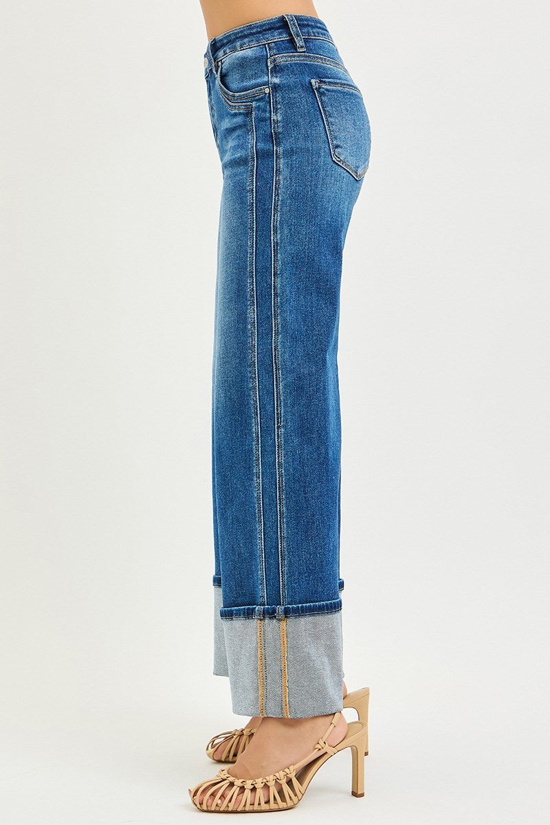Stampede Mid Rise Wide Leg Cuffed Ankle Crop Denim Jeans