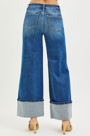 Stampede Mid Rise Wide Leg Cuffed Ankle Crop Denim Jeans