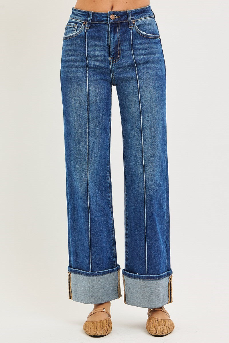 Sawyer High Rise Seamed & Cuffed Wide Leg Jeans