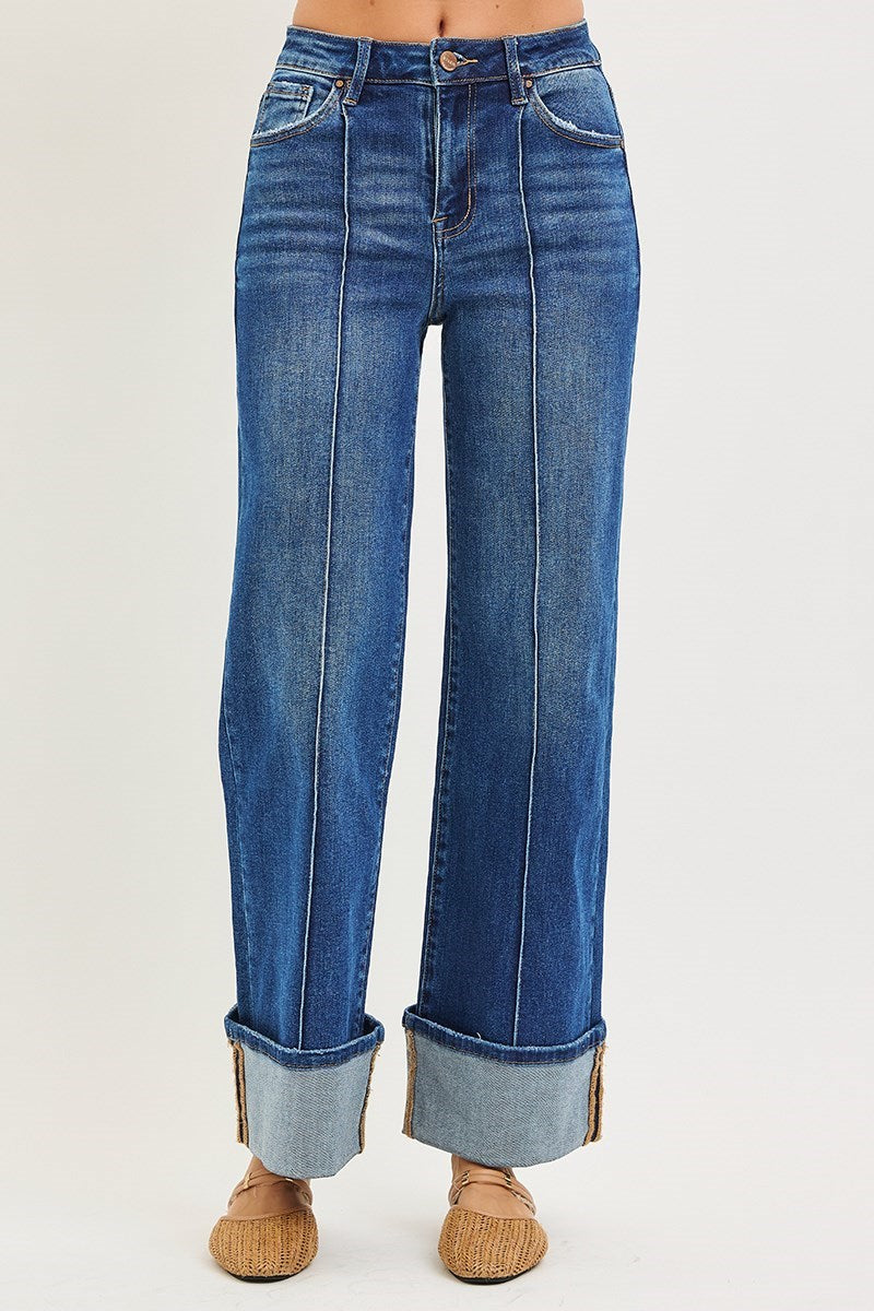 Sawyer High Rise Seamed & Cuffed Wide Leg Jeans