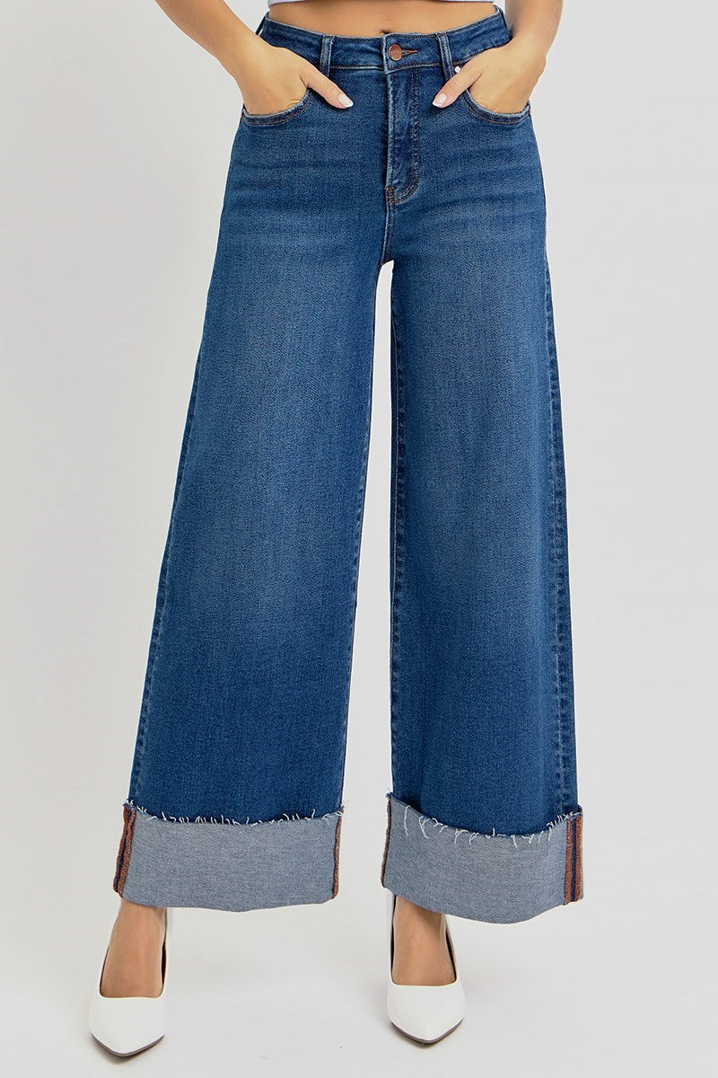 Mercury Tummy Control High Rise Crop Wide Cuffed Jeans