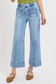 Genie High Rise Front Pintuck Seam &amp; Patch Pocket Crop Wide Leg Jeans