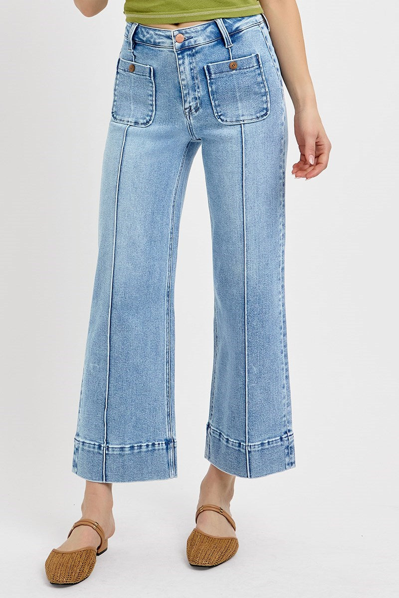 Genie High Rise Front Pintuck Seam &amp; Patch Pocket Crop Wide Leg Jeans