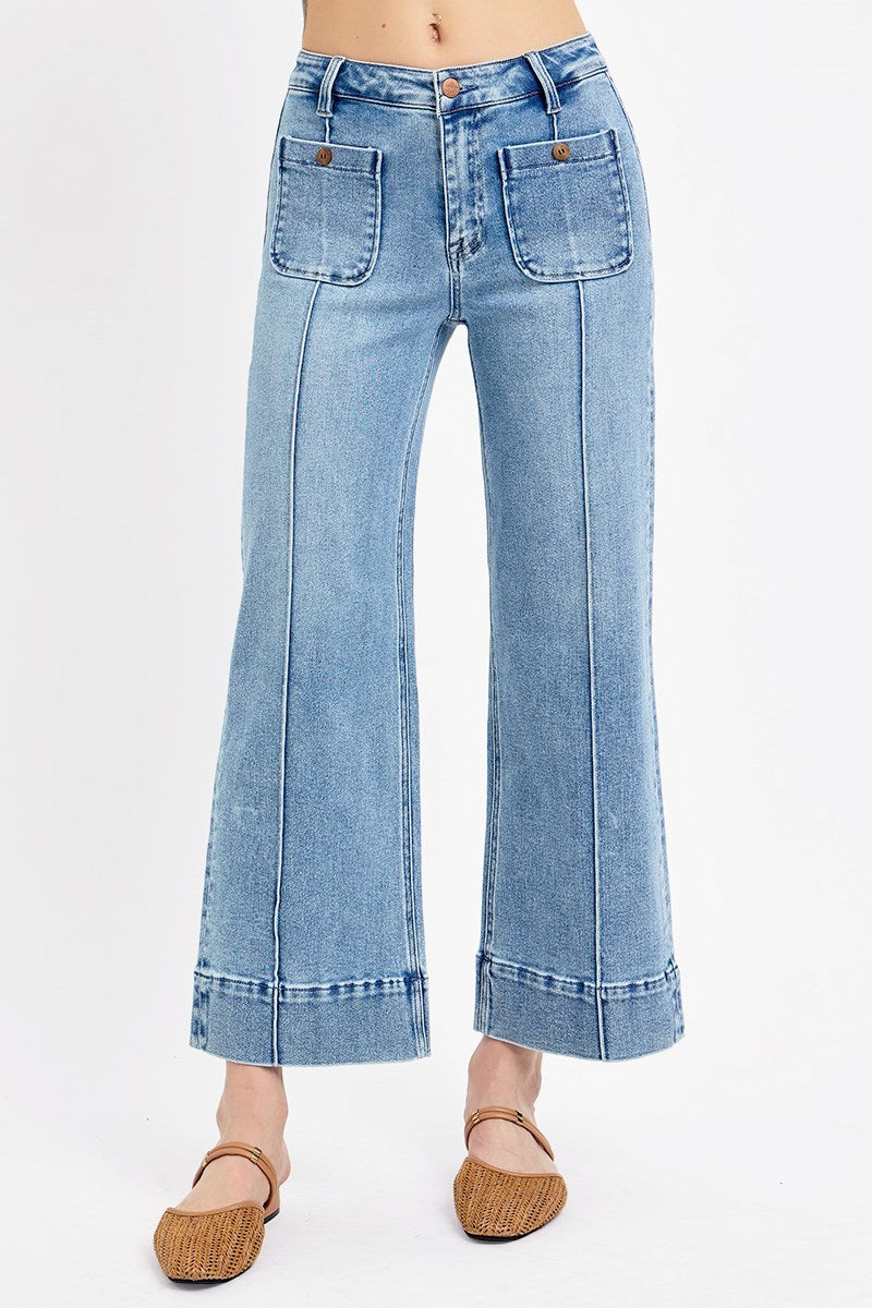 Genie High Rise Front Pintuck Seam &amp; Patch Pocket Crop Wide Leg Jeans
