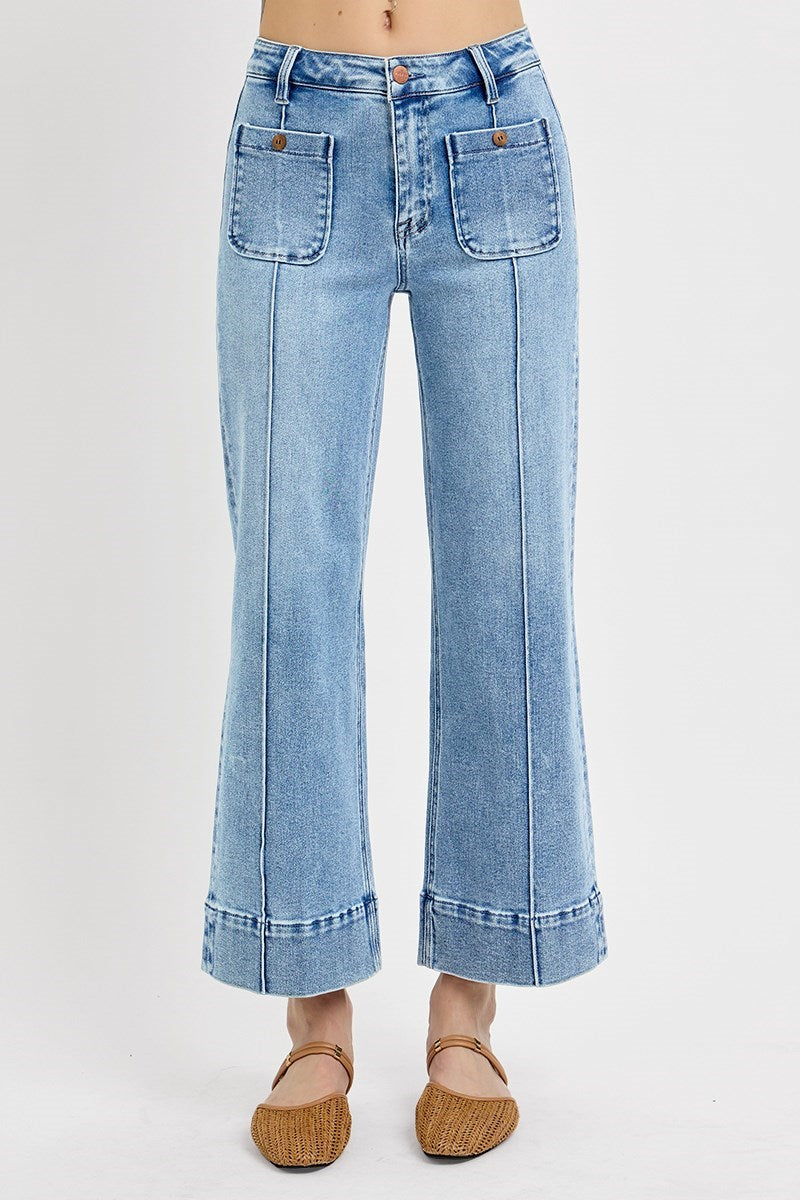 Genie High Rise Front Pintuck Seam &amp; Patch Pocket Crop Wide Leg Jeans